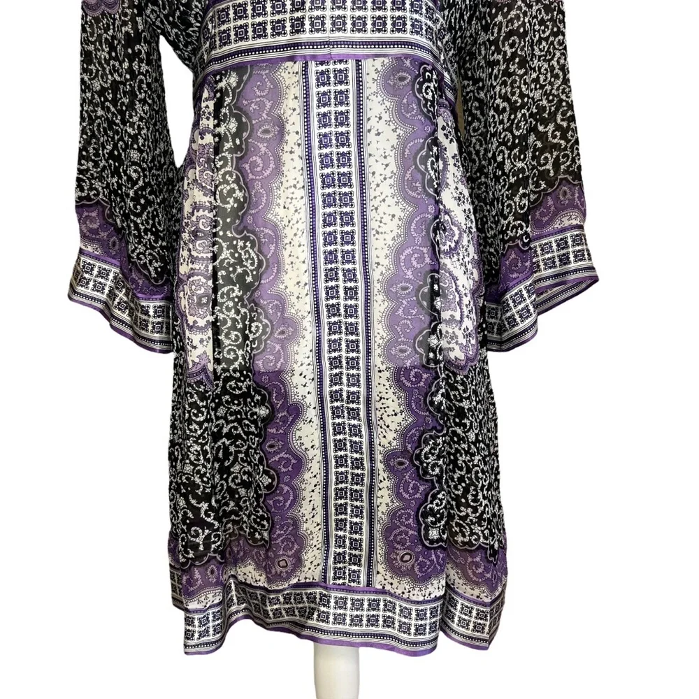 INC International Concepts  VNeck Long Sleeve Black Purple Sheer Silk Dress * 10 - Picture 5 of 15